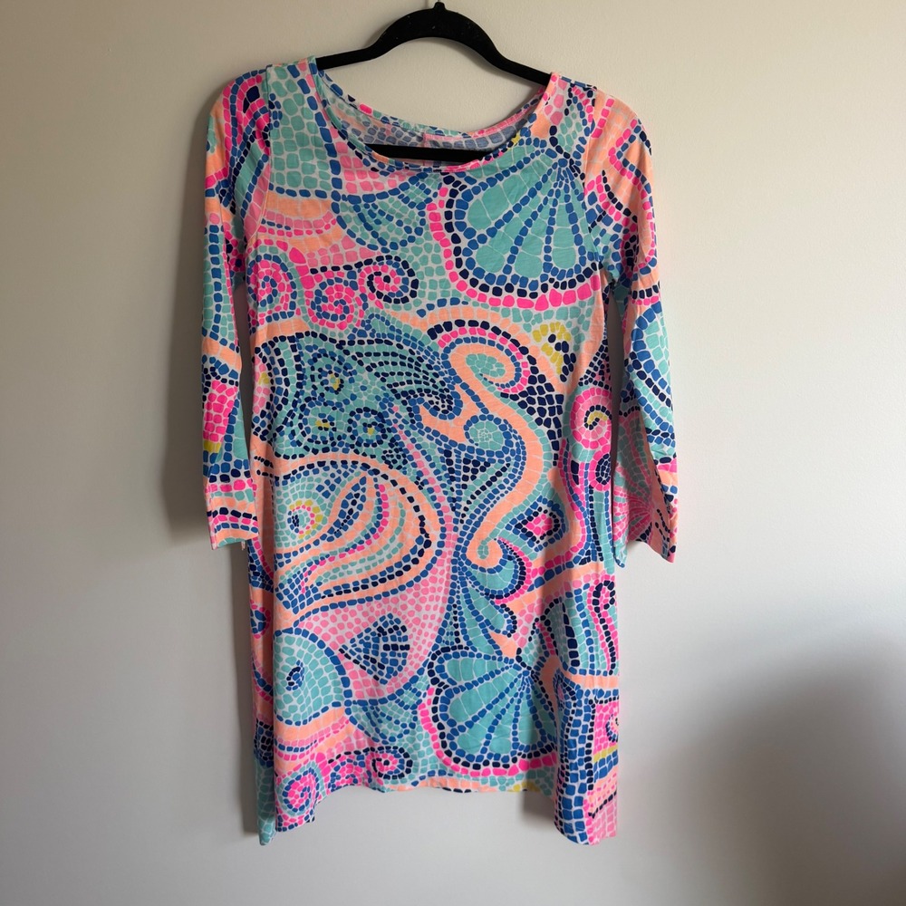 Lilly Pulitzer Womens XS Pima Cotton 3/4 Sleeve Shift Dress Pink Blue Mosaic